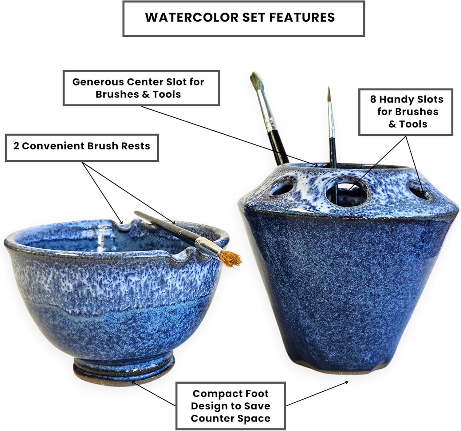 Painting Watercolor 2 pc Set Bowl Brush Caddy Rest Stand Painters Art Room Rinse Cobalt Blue