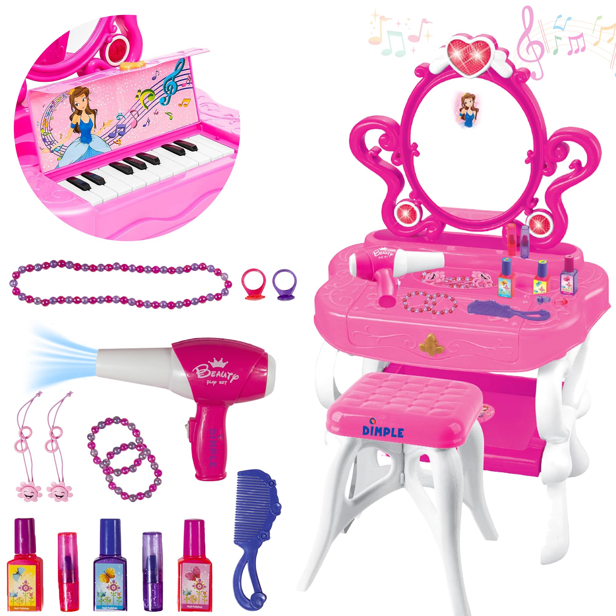 DIMPLE 2-in-1 Musical Piano Vanity Set Girls Toy Makeup Accessories Working Piano, Flashing Lights, Big Mirror, Pretend Cosmetics, Hair Dryer, Princess Image Appears in Mirror(7 AA Batteries Included)