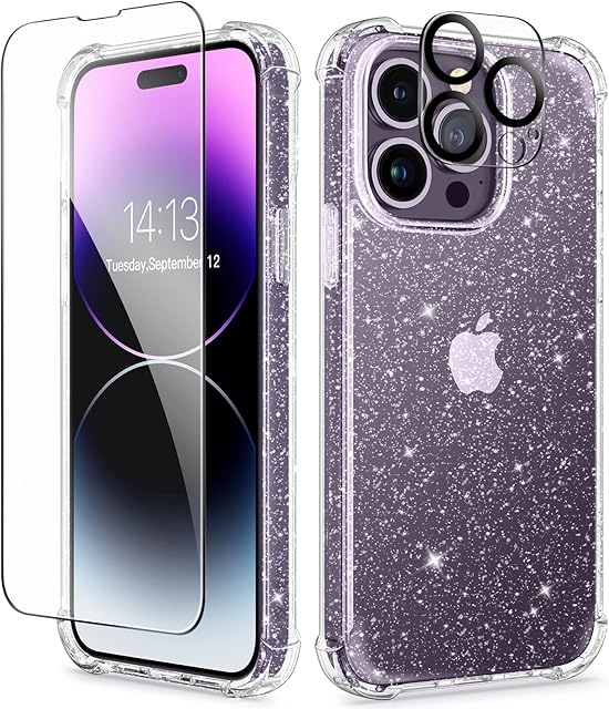 GVIEWIN Compatible with iPhone 14 Pro Max Case 6.7 Inch 2022, with Tempered Glass Screen Protector + Camera Lens Protector Clear Glitter Sparkle Non-Yellowing Soft Shockproof Women Cover (Glitter)