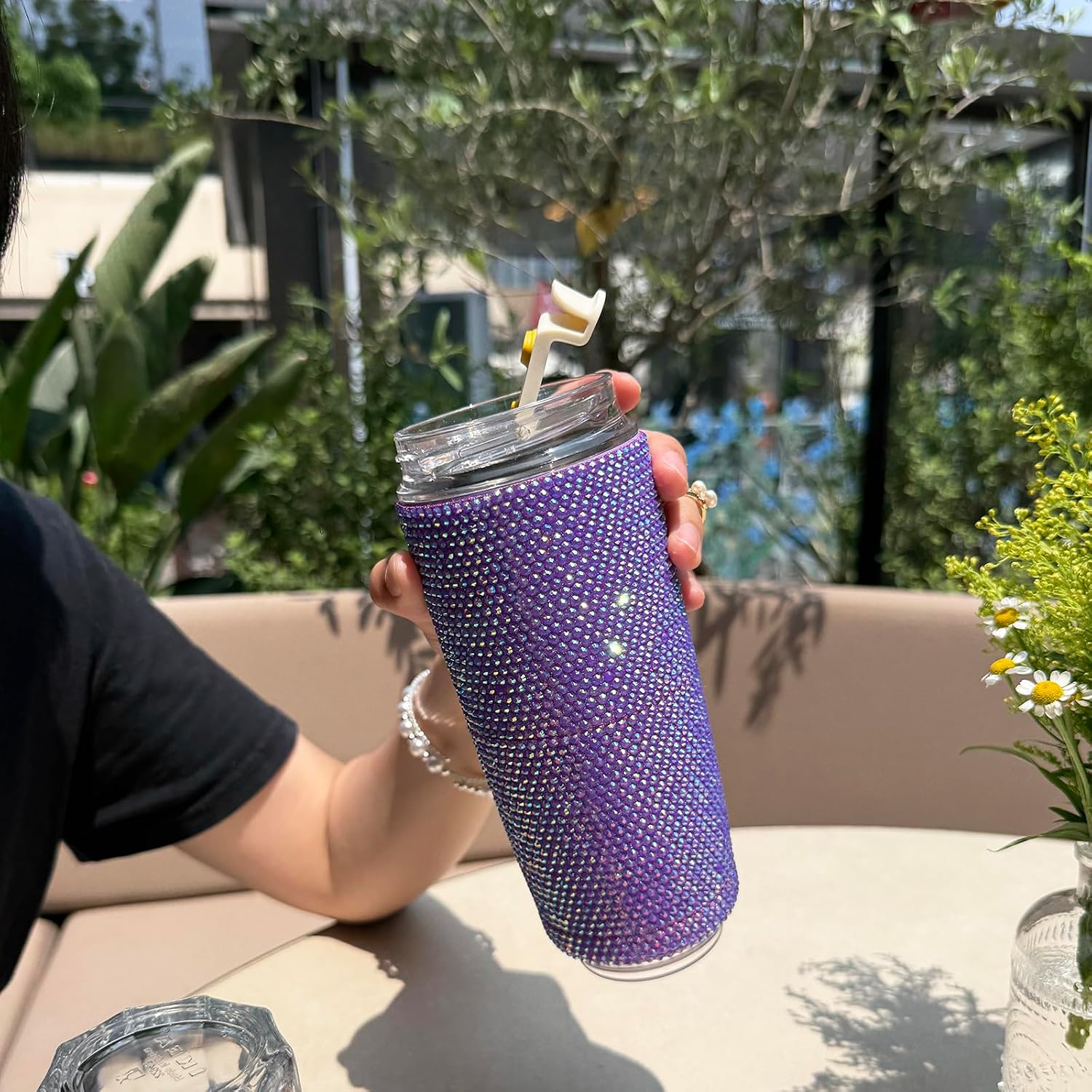 14oz Bling Rhinestones Coffee Tumblers with Flip Lid Insulated Stainless Steel Travel Diamond Coffee Mug Leak Proof Reusable To Go bedazzled Cup Keeps Cold and Hot (Purple)