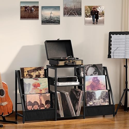Miniatura 4 de LELELINKY Mesa auxiliar negra, soporte para tocadiscos con almacenamiento de vinilo, mesa auxiliar de 3 niveles con estante de exhibición de