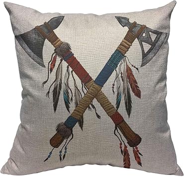 Throw Pillow Covers Two Crossed Tomahawks Feathers Beads Indian National Weapon Native American Ax Cotton Linen Decorative Square Pillowcases Cushion Cover 18 X 18 Inch