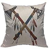 Throw Pillow Covers Two Crossed Tomahawks Feathers Beads Indian National Weapon Native American Ax Cotton Linen Decorative Square Pillowcases Cushion Cover 18 X 18 Inch