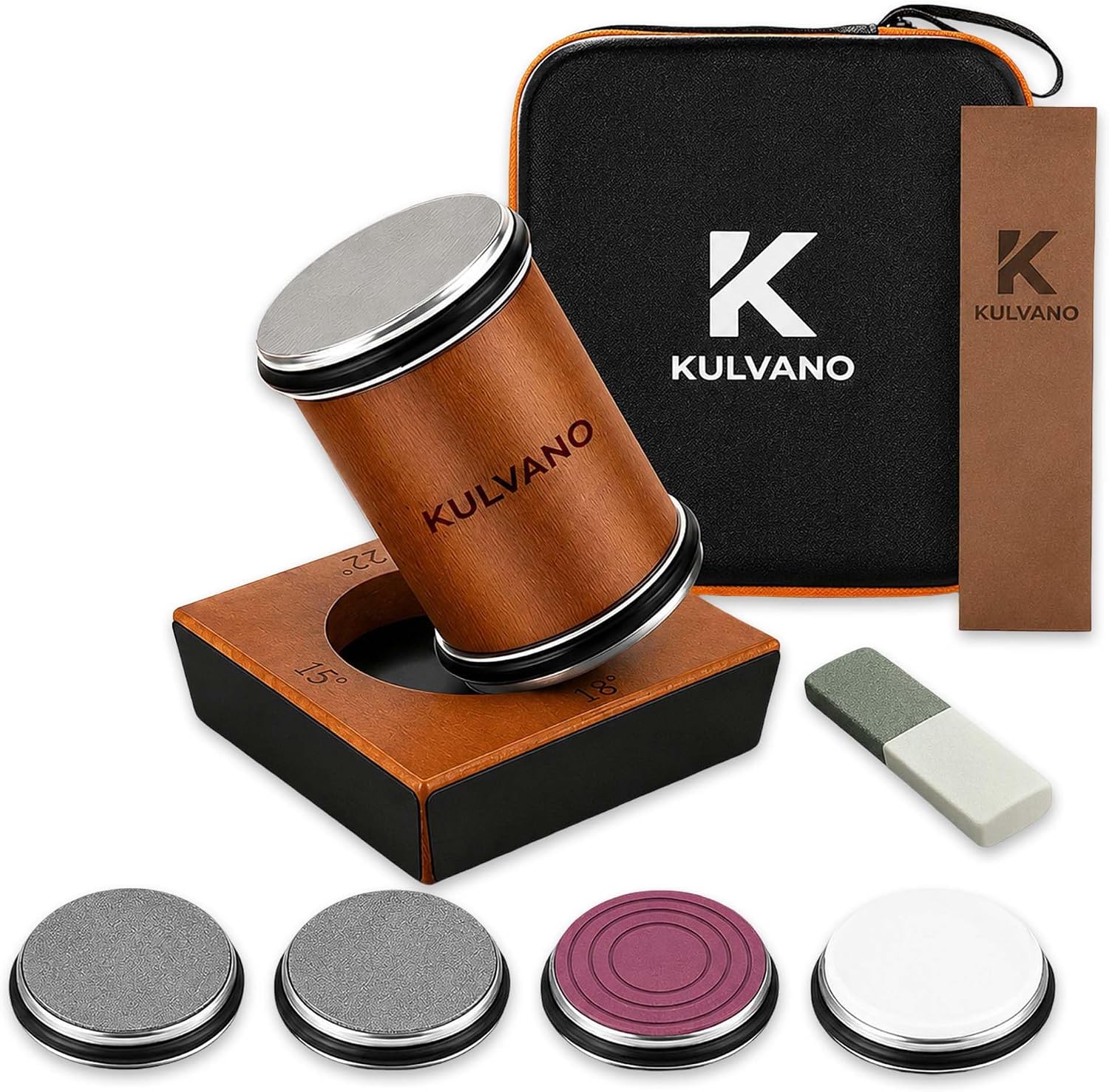 Rolling Knife Sharpener Kit - Magnetic 4-Angle Base (15°/18°/20°/22°), Diamond & Ceramic Knife Sharpening Discs, 3.86” Extended Wooden Roller with Leather Strop for Kitchen & Pocket Knives