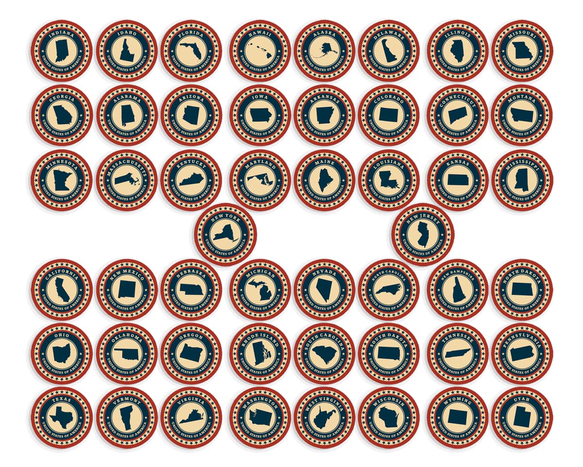 Sheet of 50 Round United States Shaped Stickers (Decals Every State in US Vinyl Scrapbooking Laptops Phones