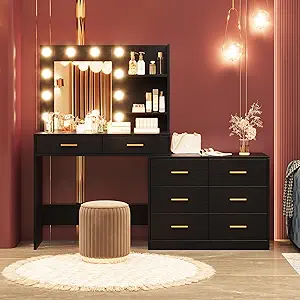 61" Make up Vanity Desk with Mirror and Lights, Black Vanity with 8 Wide Storage Drawers & 2 Tier Shelves, 3 Lighting Modes with Adjustable Brightness for Bedroom