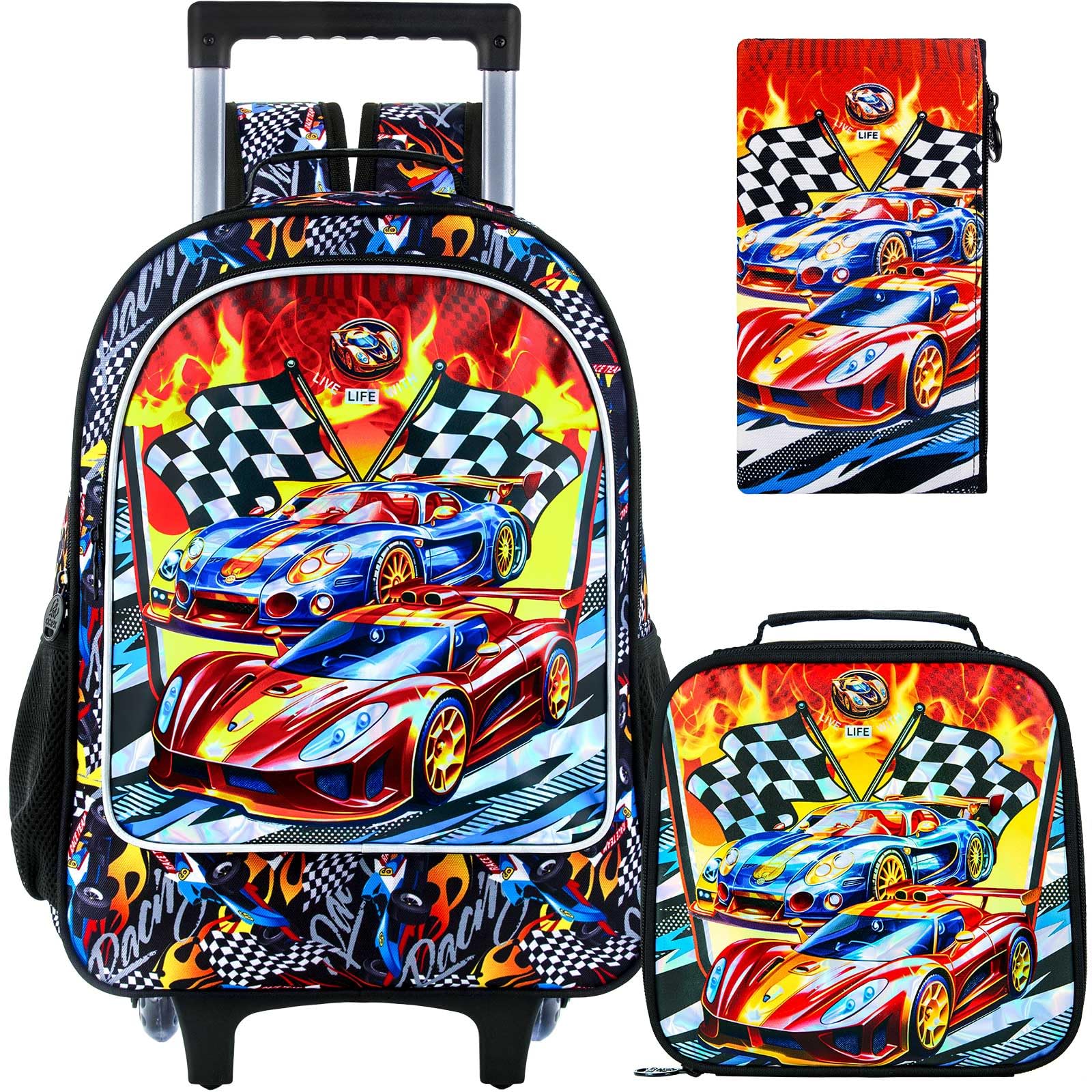 HPJGD 3PCS Car Rolling Bookbag for Boys, Kids School Backpack with Wheels, Water Resistant UV Printed Roller Wheeled Bookbag Set with Lunch Box