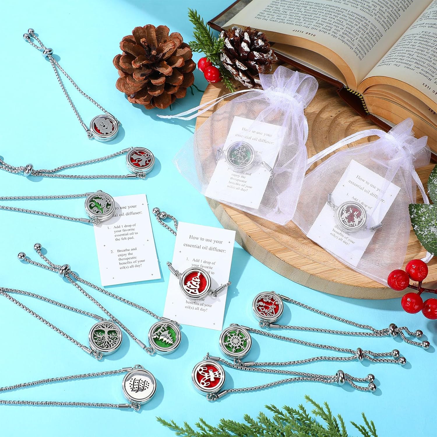 Cunno 12 Sets Christmas Essential Oil Diffuser Bracelet Gifts for Women Aromatherapy Adjustable Diffuser Bracelet with Bags and Cards 12 Styles for Mother Coworker Xmas Birthday Friends Gifts