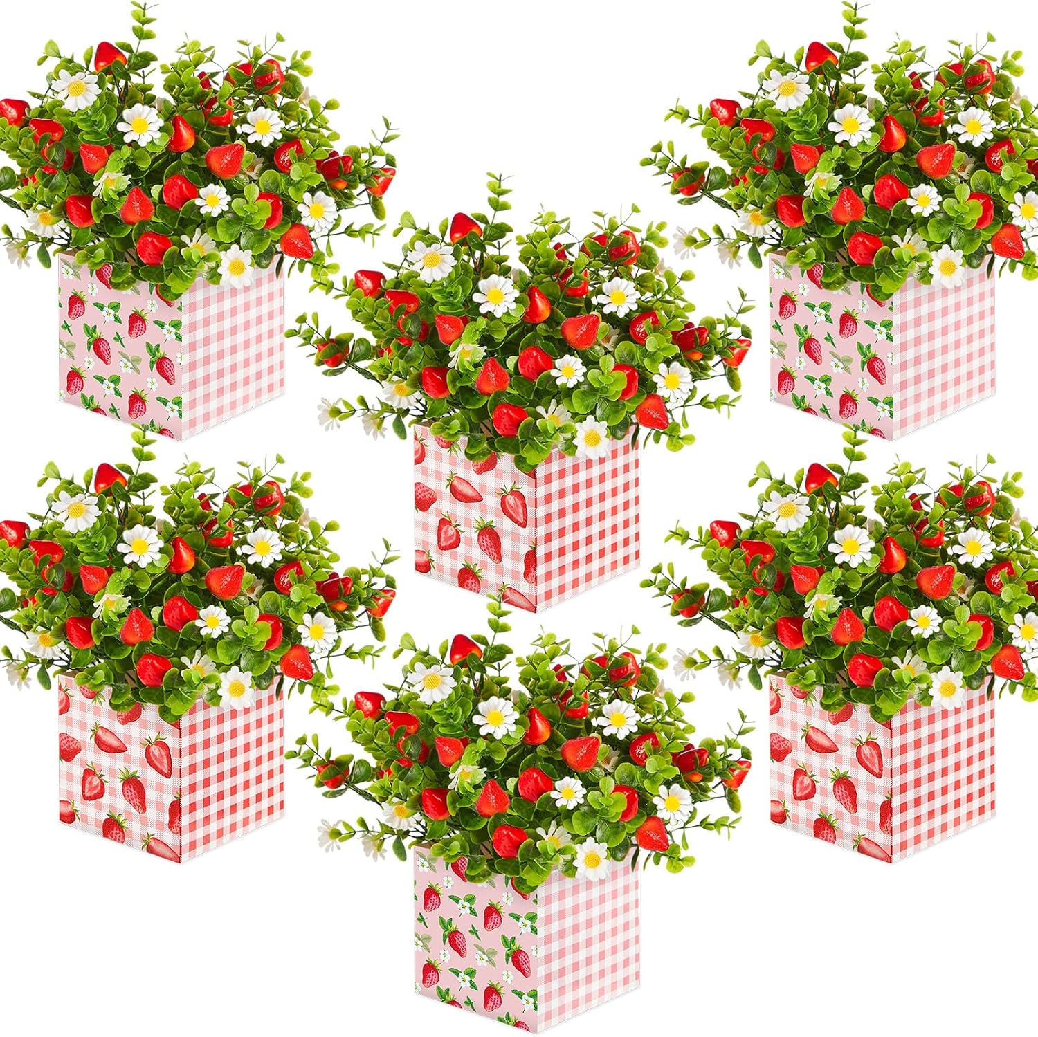 Summer Strawberry Table Centerpiece Decor Strawberry Box Decorations Artificial Strawberry Daisy Plant with Box and Fake Strawberries for Sweet Baby Shower Farmhouse Home Party Wedding Kitchen(6 Sets)