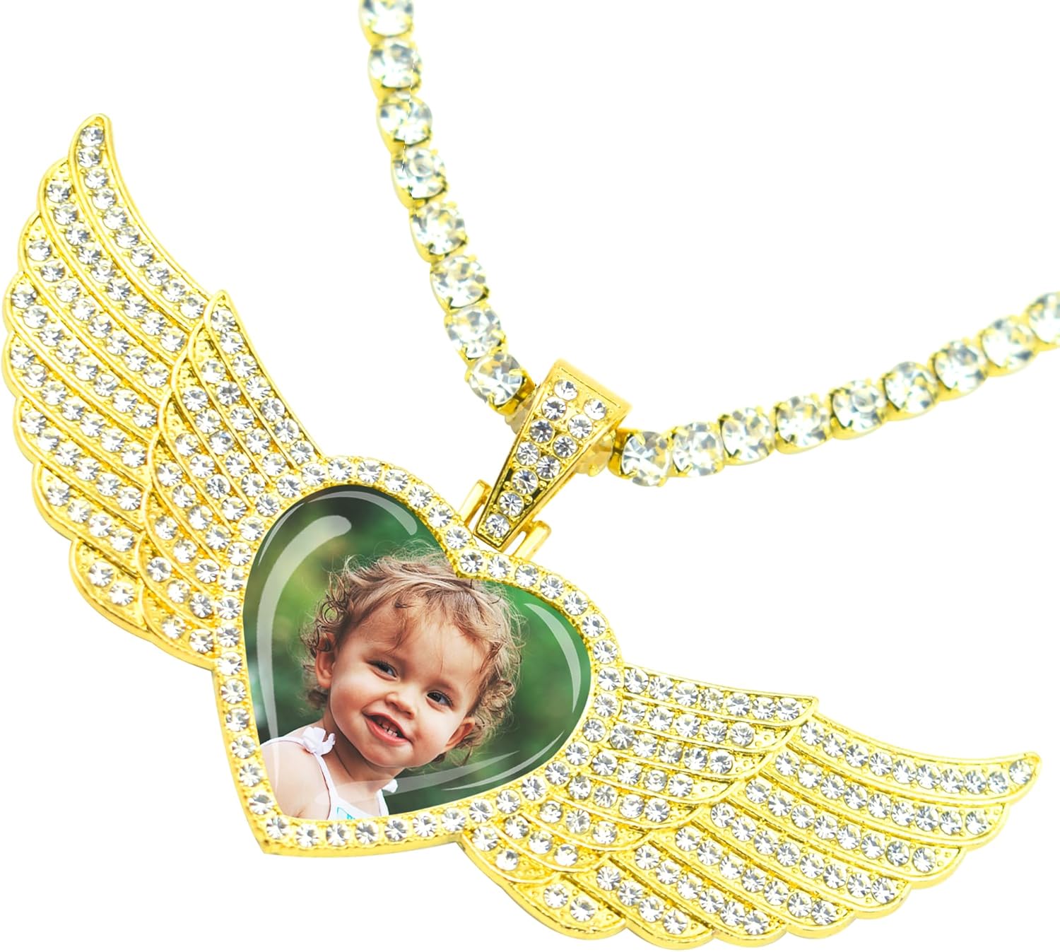 Picture Necklace Personalized Photo Chains for Men Picture Pendant Necklace for Women Memorial Angel Wings/Heart/Round Necklace with Picture Inside Customized Photo Hip Hop Necklace Jewelry Gift for Mother Father Children Friends and Lover
