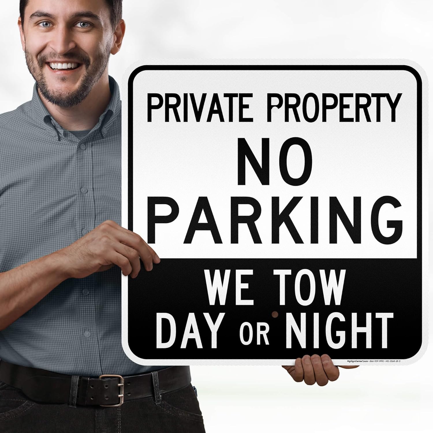 Private Property No Parking We Tow Day Or Night Sign, 18x18 Inches, Rust Free .063 Aluminum, Fade Resistant, Made in USA by My Sign Center