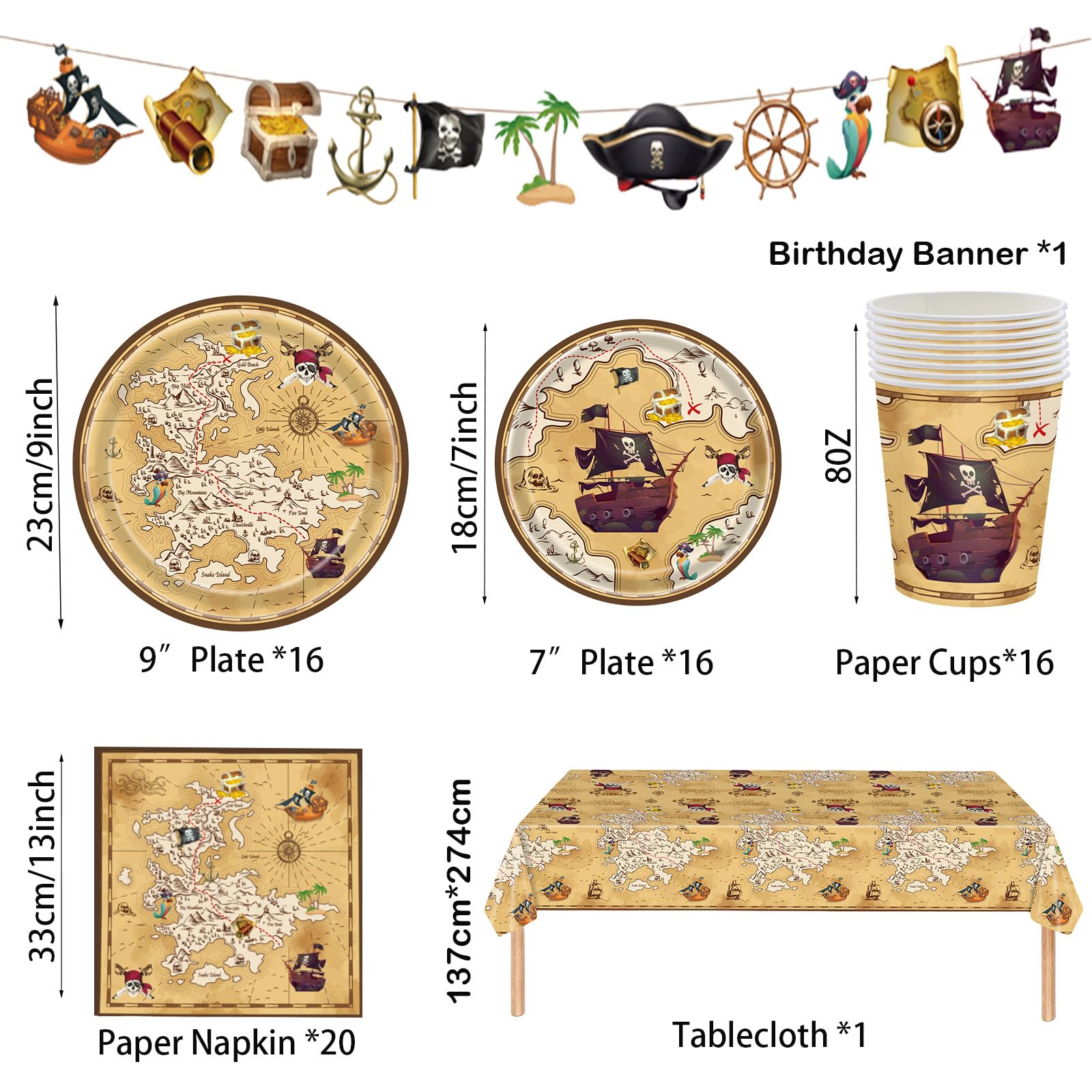 70Pc Pirate Party Tableware Set,Pirate Treasure Hunt Theme Banner with Pirate Napkins Paper Plates Cups and Pirates Game Tablecloth,Pirates Halloween Dinnerware Kit for Boy Girl Halloween Party Décor - Image 2