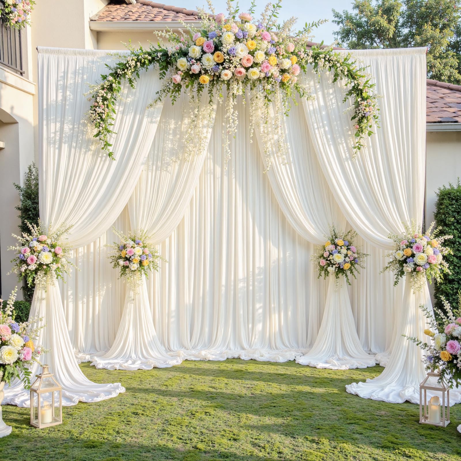 NSSONBEN Toile de fond sans plis de 15,2 m x 2,4 m en ivoire pour les fêtes, 10 panneaux de 1,5 m x 2,4 m en polyester soyeux pour mariage, toile de fond pour photographie de baptême et d’anniversaire