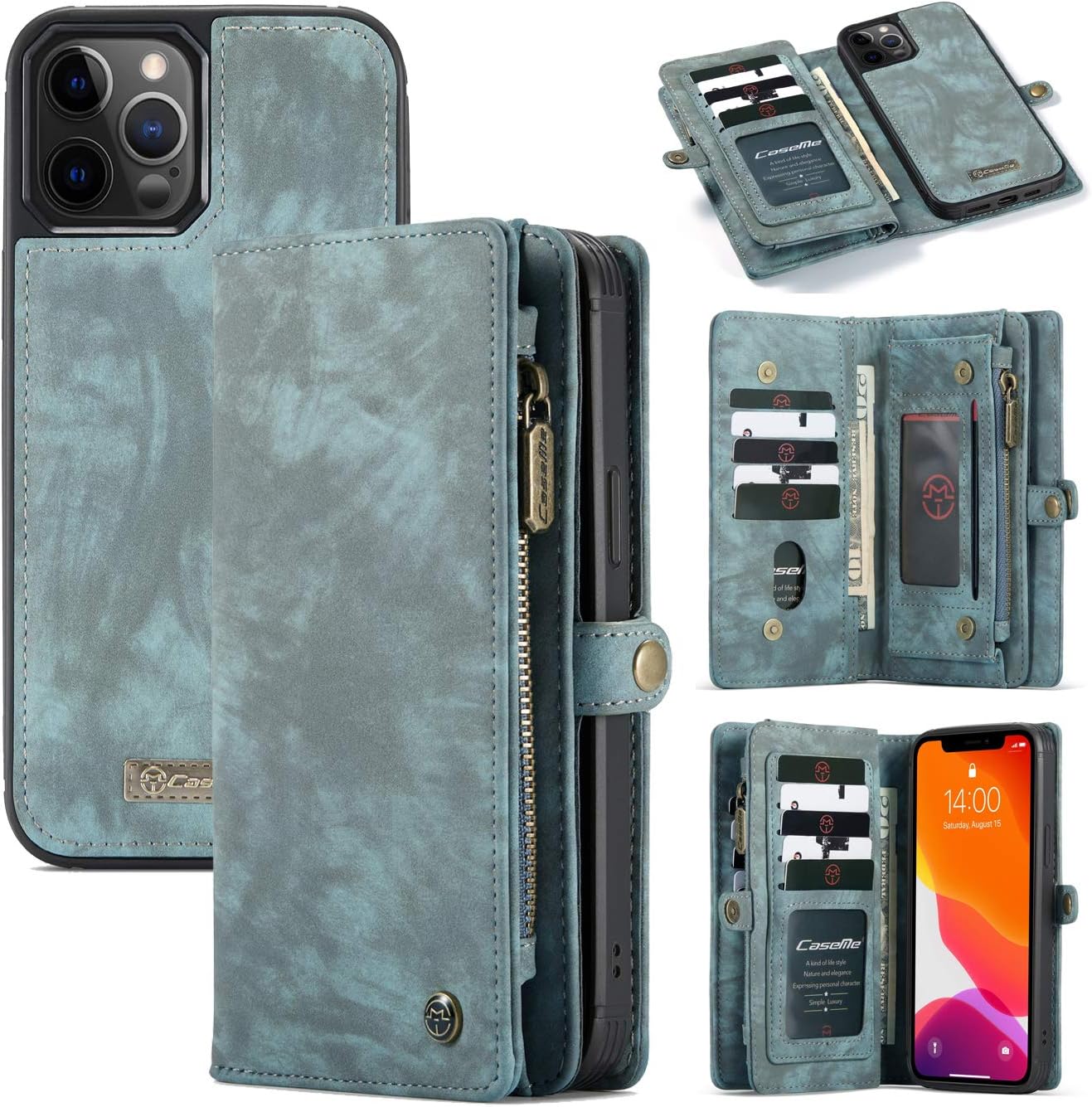 AKHVRS iPhone 12 Pro Max Wallet Case, Premium Flip PU Leather Phone Case Wallet,8 Card Slot Holder with Detachable Magnetic Cover Zipper Cash Pocket Multi for iPhone 12 Pro Max (Blue)