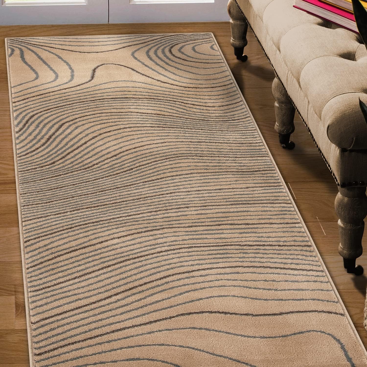 Superior Indoor Runner Rug, Plush Carpet Cover, High-Traffic Rugs, Jute Backing, Hallways, Entry, Office, Living Room, Kitchen, Modern Abstract Wood Grain, Veer Collection, 2' 7" x 8', Beige