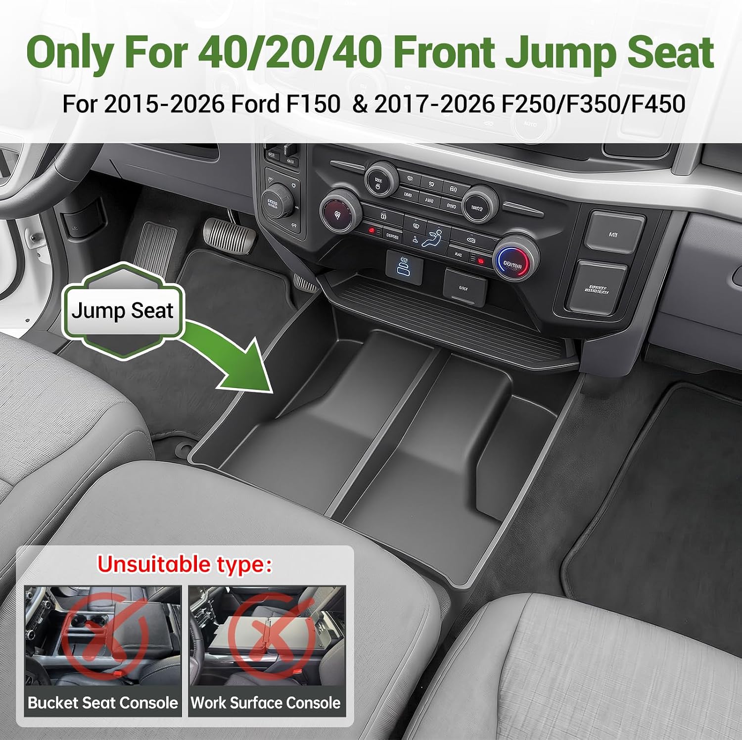 Center Console Floor Organizer for 2015-2026 Ford F150 & 2017-2026 F250 F350 F450 Super Duty Beach Seat Front Storage Box Inserts Tray for 15+ F150/17+ Super Duty Accessories(Jump Seat Only)