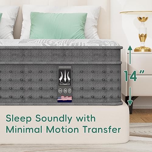 Miniatura 2 de Colchón individual de 14 pulgadas, colchones de tamaño individual híbridos con aislamiento de movimiento y alivio de la presión, libres de fibra de