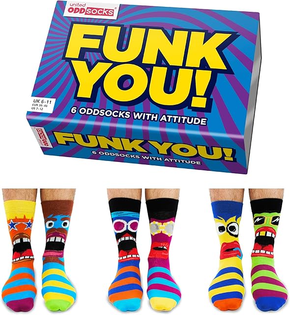 United Oddsocks Funk You Box of 6 Odd Socks for Men - UK 6-11 EUR 39-46