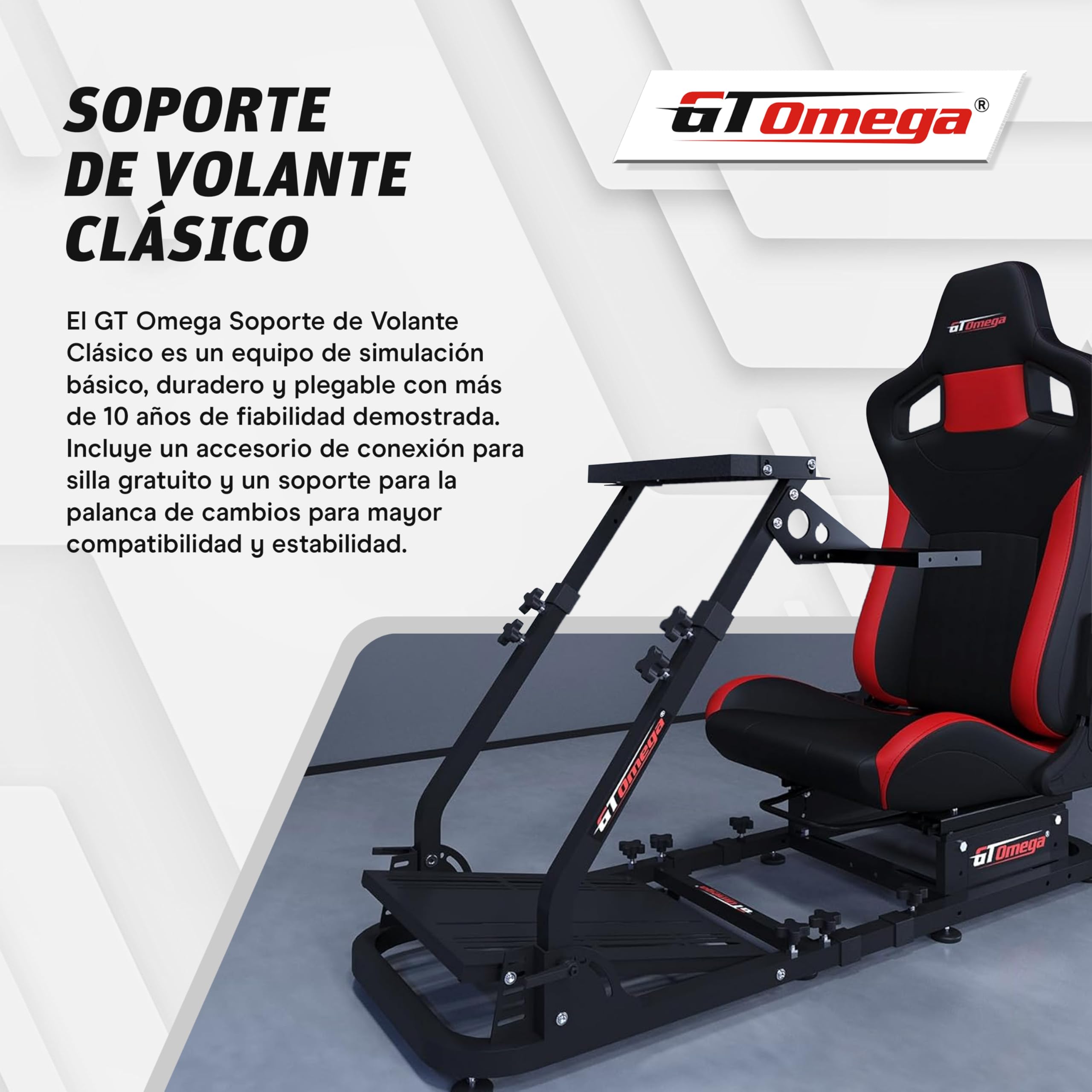 GT OMEGA Soporte de Volante Clásico - Plegable de Nivel de Entrada Sim Rig, Pre-Equipado con un Montaje de Palanca de Cambio y Silla Link, Ajustable y Listo para Actualizar