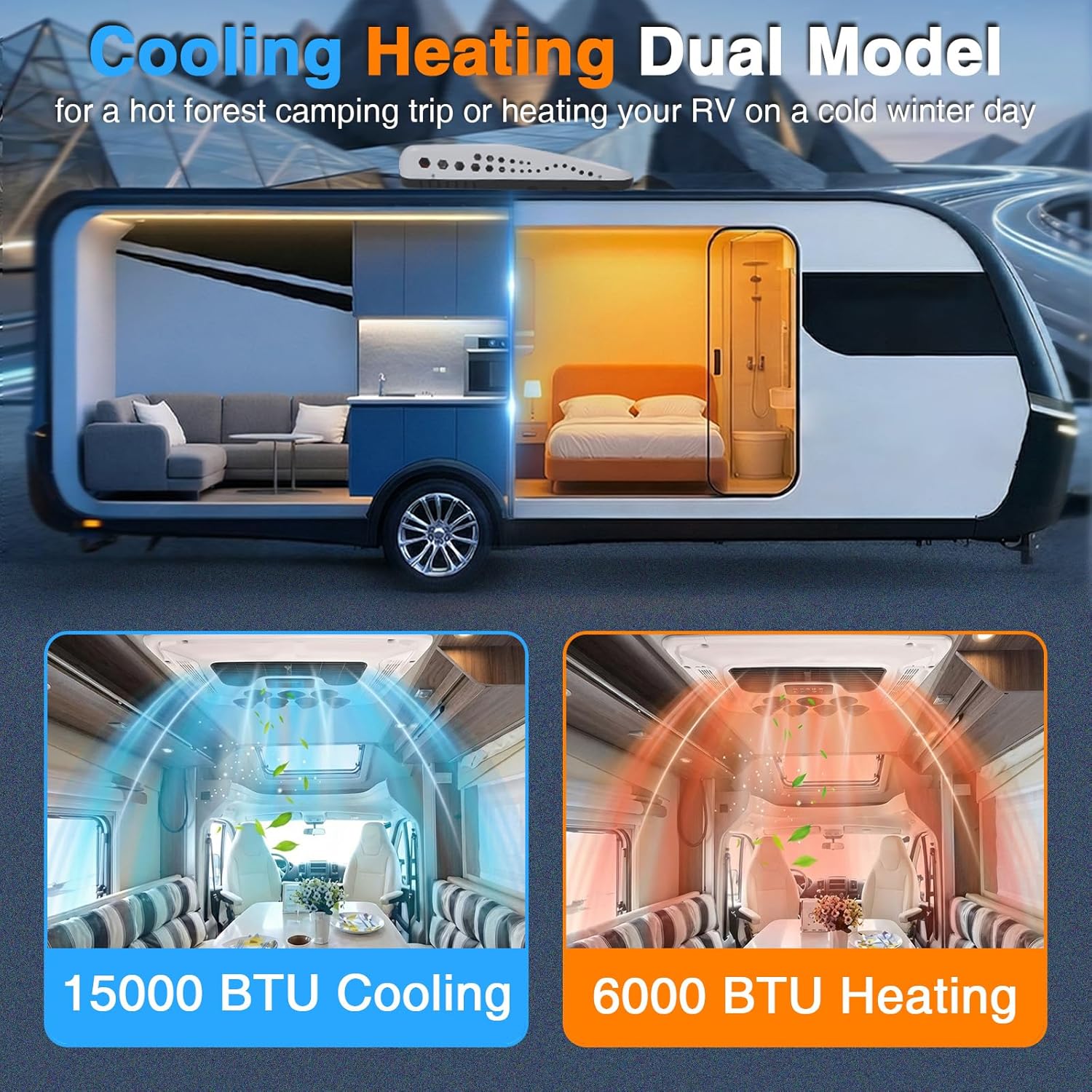 12V RV Air Conditioner, 15000BTU RV Rooftop Air Conditioner Unit for RV Heating & Cooling, Fast Cooling for Motorhome, Truck, Campers,Campervan, Trailers and Caravan, Easy Install