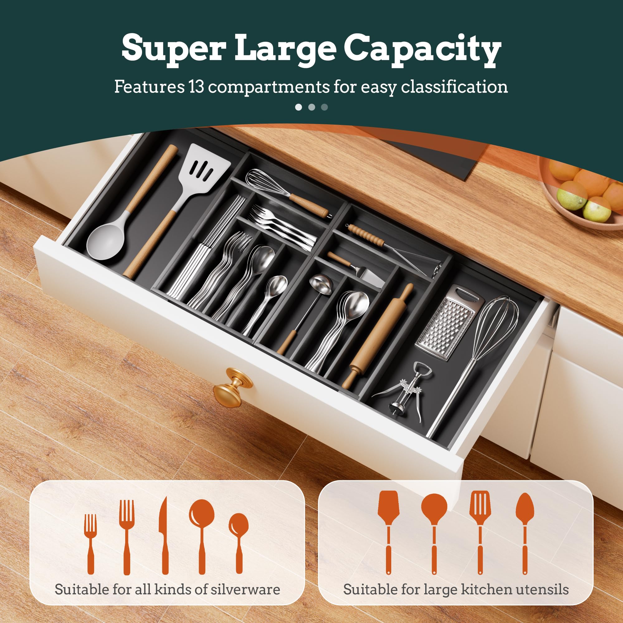Organizer na sztućce, duży, magnetyczny, rozszerzalny, 13 przegródek, organizer do szuflad, od 51 do 81 cm, regulowany uchwyt na sztućce i sztućce, bambusowa taca na przybory kuchenne czarna