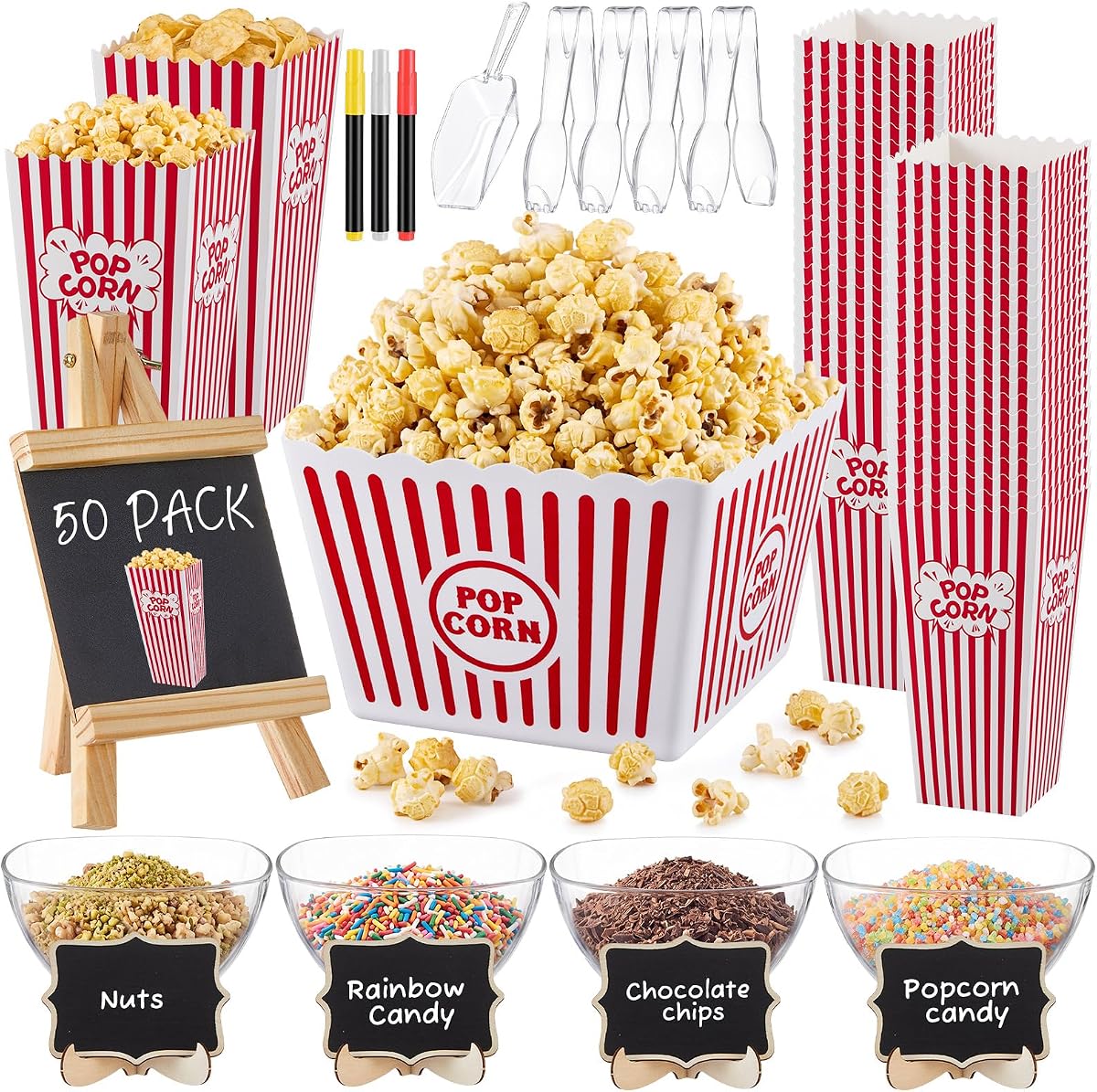 68 Pcs Popcorn Bar Set, 50 Popcorn Boxes with 4.8 L Bucket and 4 Bowls | Red and White Theater Styling Suits Movie Nights, School Carnivals, Birthdays, Concession Tables, and Home Theaters