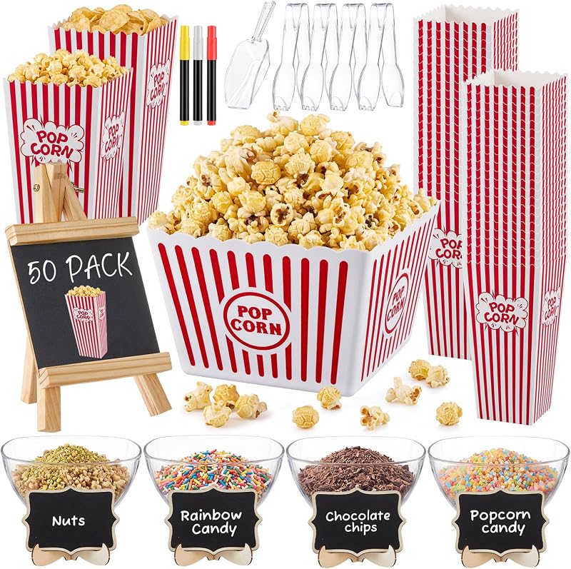 68 Pcs Popcorn Bar Set, 50 Popcorn Boxes with 4.8 L Bucket and 4 Bowls | Red and White Theater Styling Suits Movie Nights, School Carnivals, Birthdays, Concession Tables, and Home Theaters
