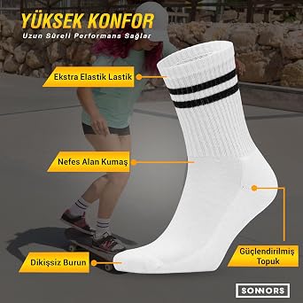 SONNORS 3 Çift Uniseks Kadın Erkek Çorap - Nefes Alabilir Pamuk Atletik Performans ve Kompresyon Koşu Yürüyüş Egzersiz Spor Çorabı - Beyaz ve Siyah