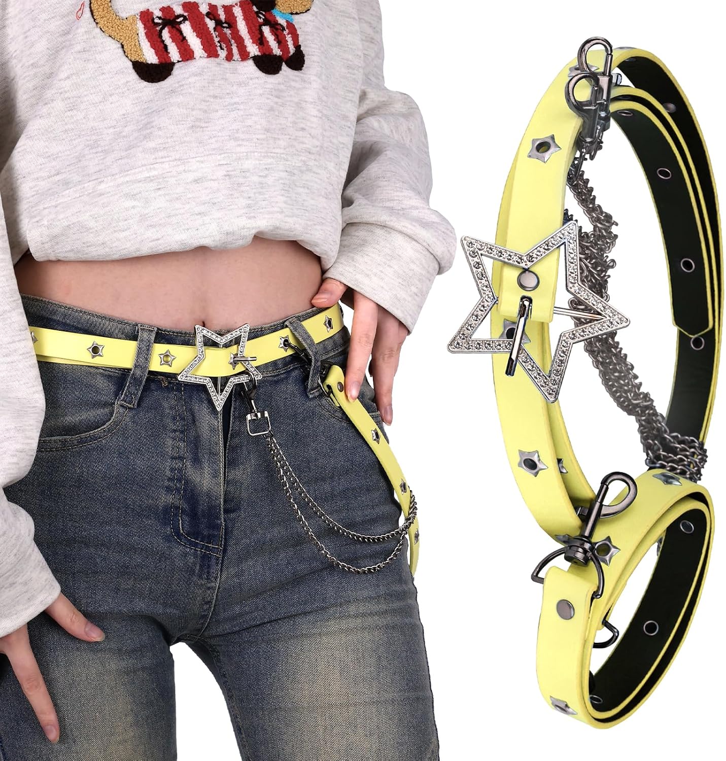 EpicCos Y2K Aesthetic Colorful Faux Leather Belt, Adjustable Star Decor Dopamine Waist Belt Street Style for Female