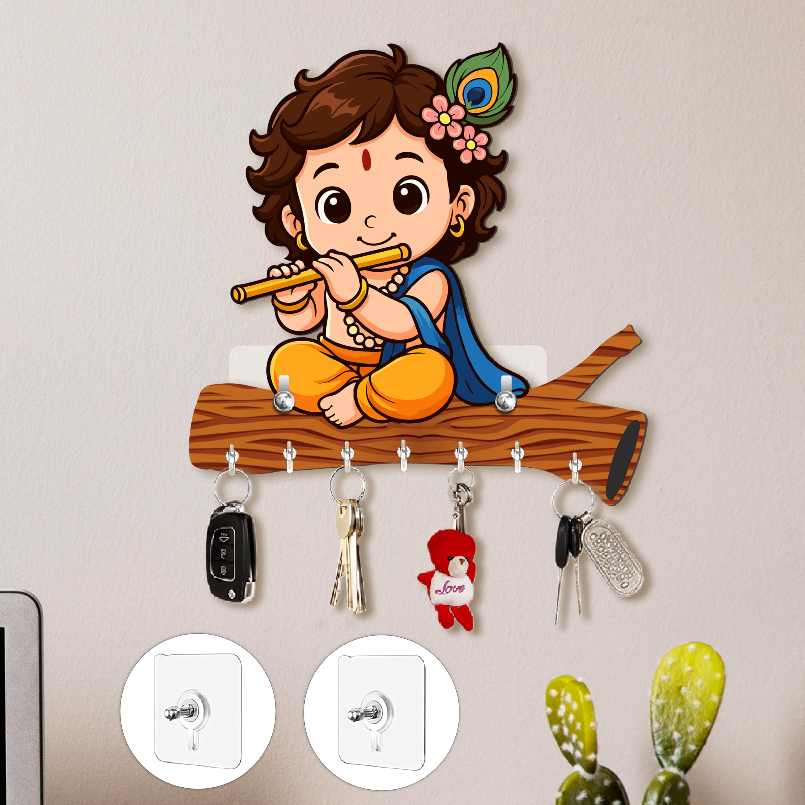 Rousrie Baby Krishna Wooden Key Holder, Brown, No-Drill Wall Mount, Modern Style, 8 Hooks for Home Office Storage-image-23