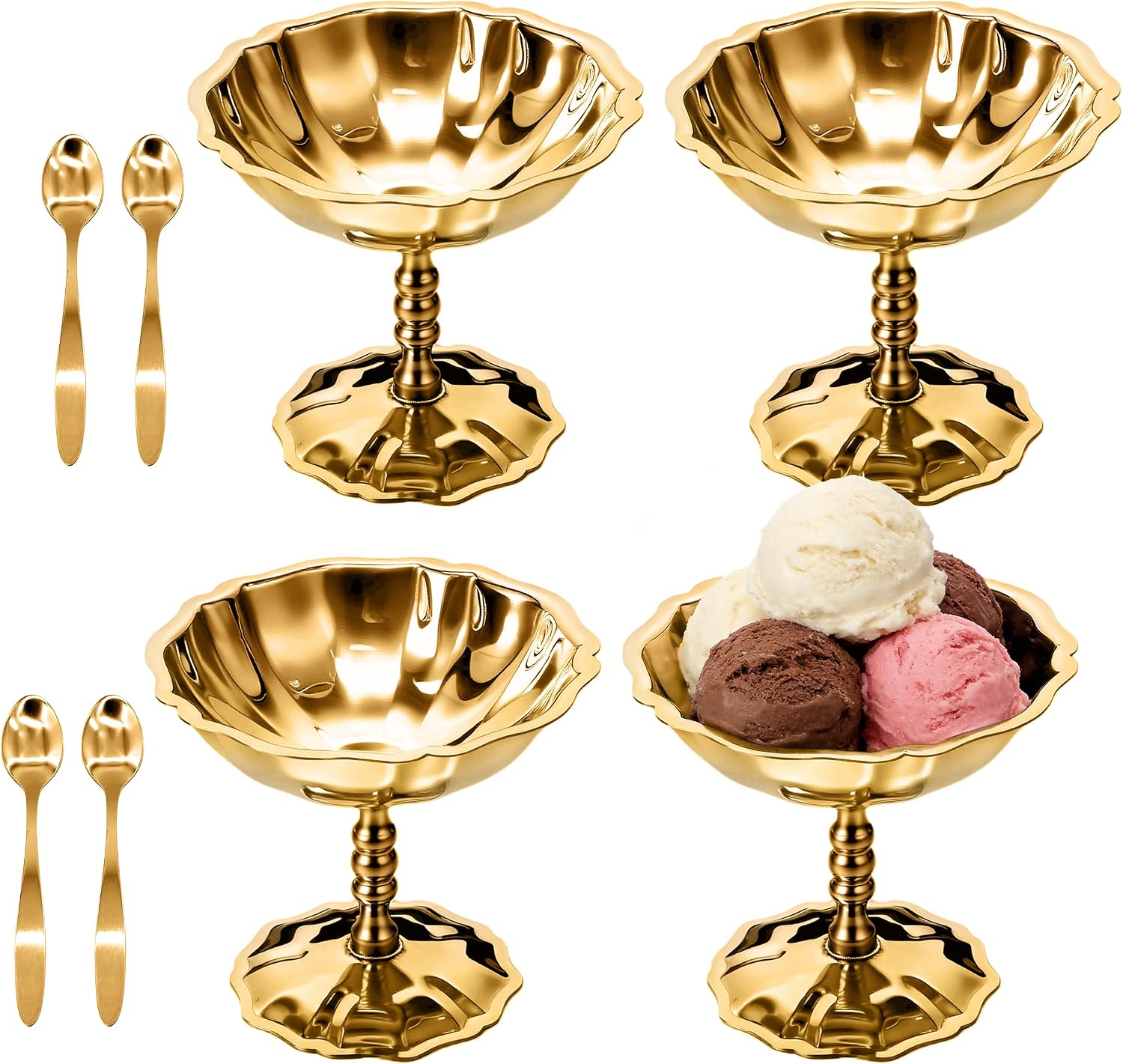 Ice Cream Cups Set of 4 with Spoons, 4.4 oz Gold Vintage Stainless Steel Dessert Bowls, Footed Sundae Cups for Snacks, Pudding, Yogurt & Fruit