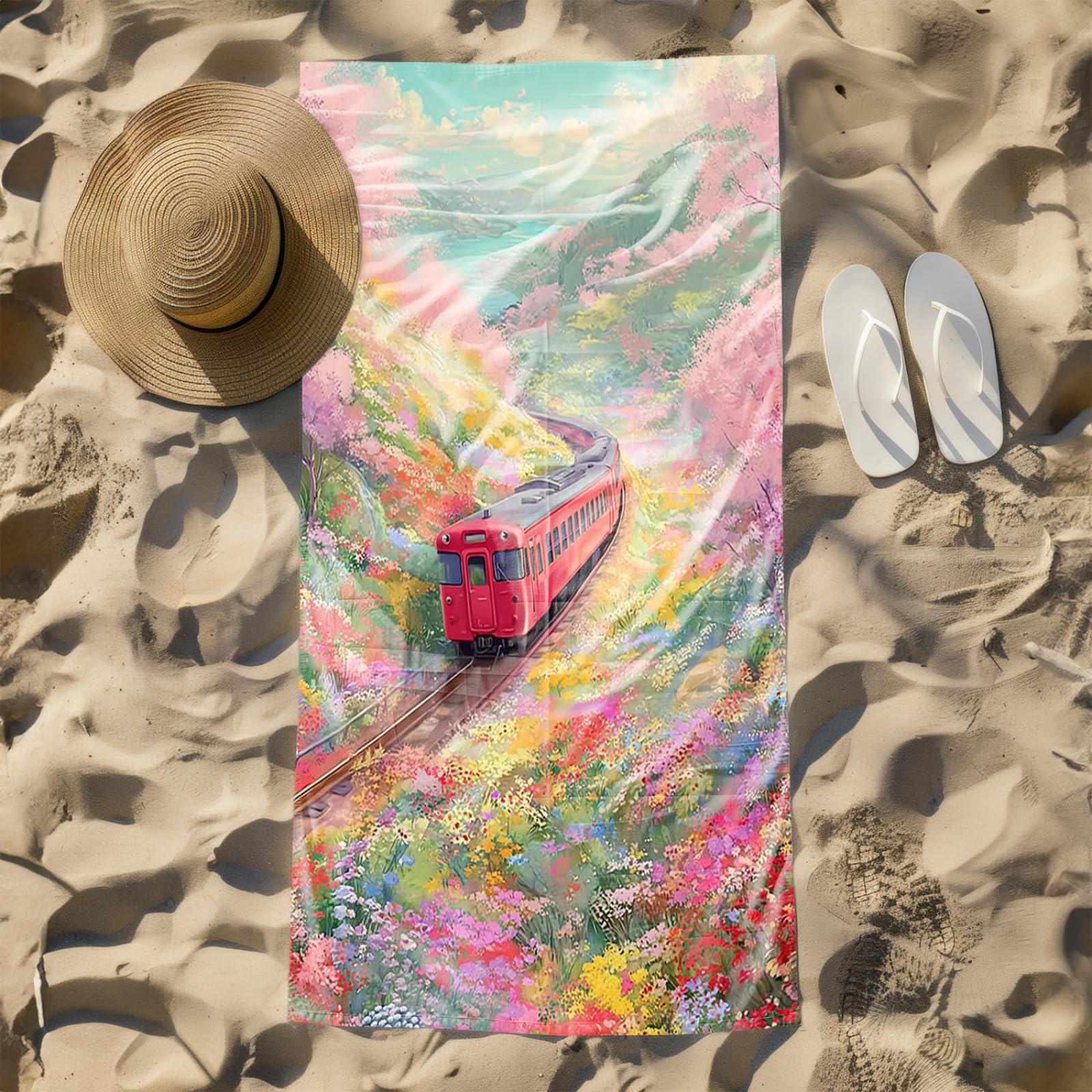 Telo Mare Microfibra 210x230 Treno, Fiori Telo Spiaggia Grande Antisabbia,XXL Asciugamano Mare, Asciugatura Rapida, Stuoia Spiaggia Leggero E Portatile