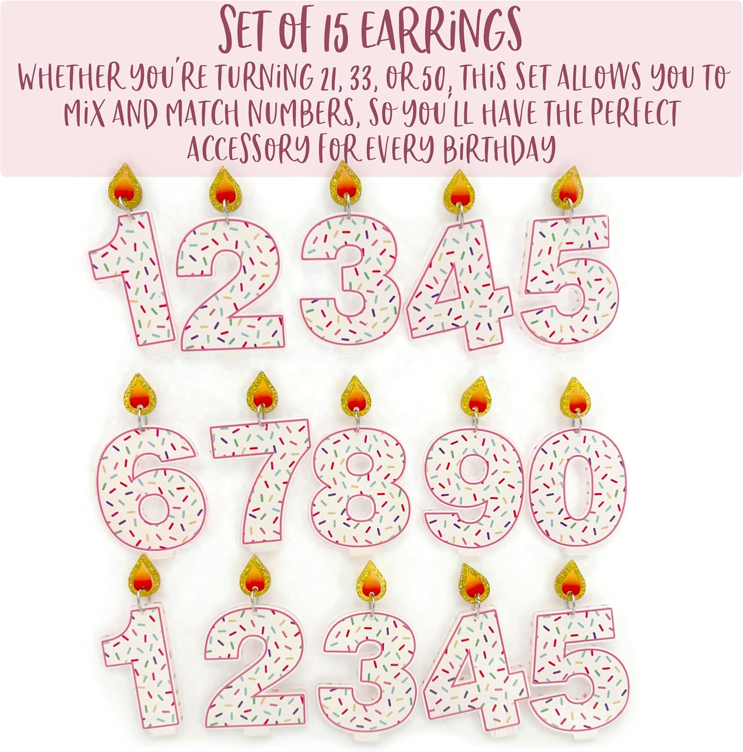 Set of 15 Birthday Candle Earrings - 15 Single Stud Earrings with Numbers 0-9 & Extra 1-5, Pink Outline, Sprinkles, Glitter Flame
