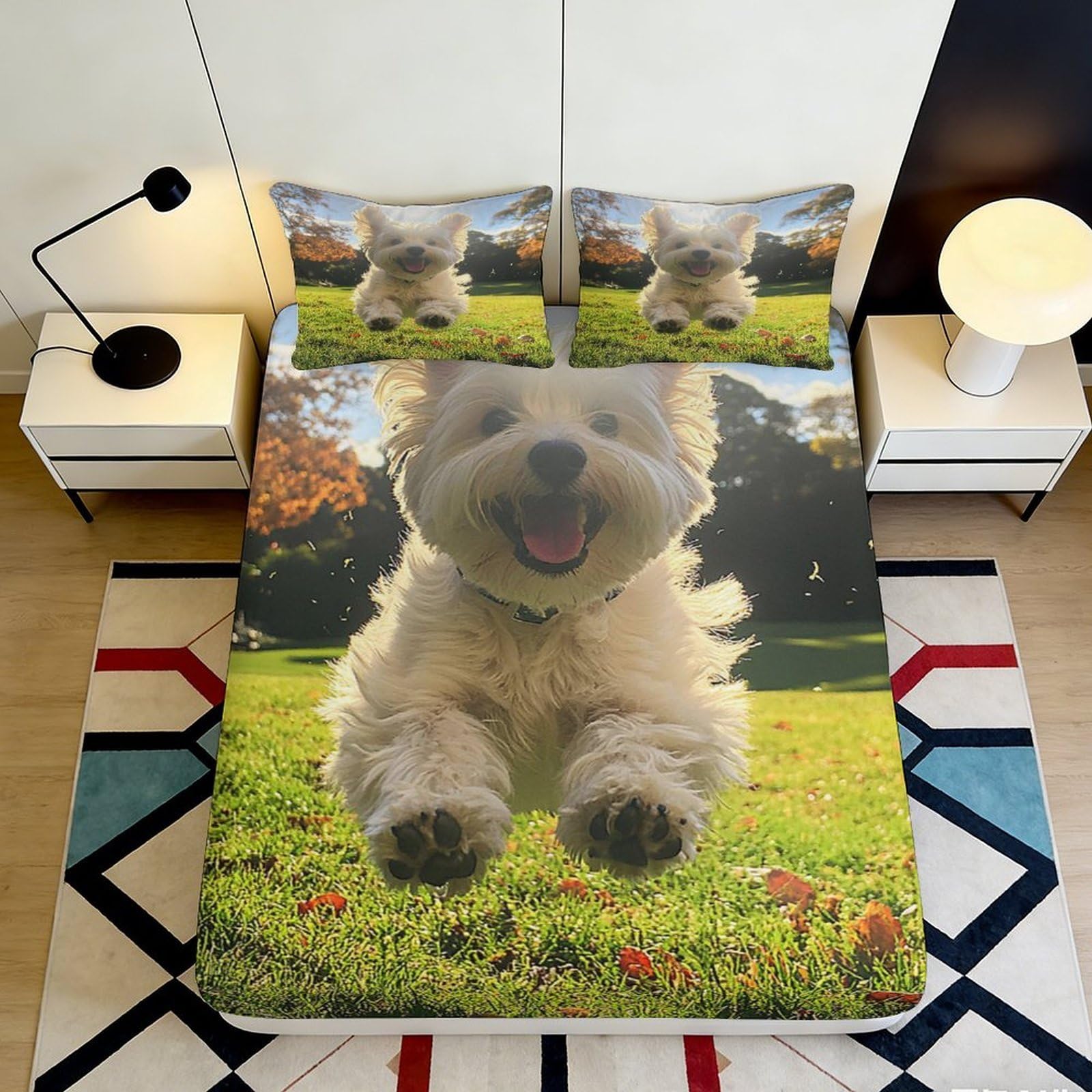 3D Printed Happy Dog Fitted Sheet Microfiber Soft Breathable Jumping Puppy Bed Cover for Bedroom Dormitory Guest Room Mattress Protection Decor 160x200x25cm