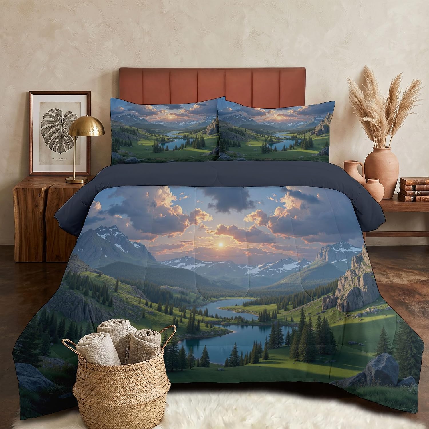 Natural Valley Scenery Comforter Set King Size, Lakes and Forests Bedding Set for Girls Boys, Blue Quilt Bed 104"X90" Bedding Comforter Sets with 2 Pillowcase Room Decor