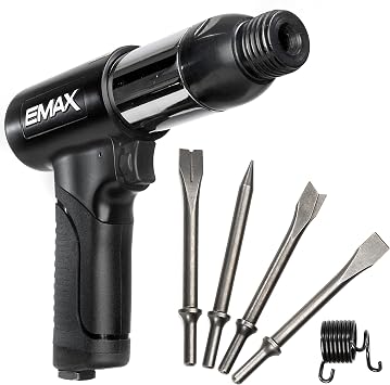 EMAX Air Hammer Kit - 2,100 BPM Pneumatic Hammer Tool Set with TPR Anti-Vibration Grip & 4 Assorted 3/4" x 7" Chisel Bits - EATHM10S1P