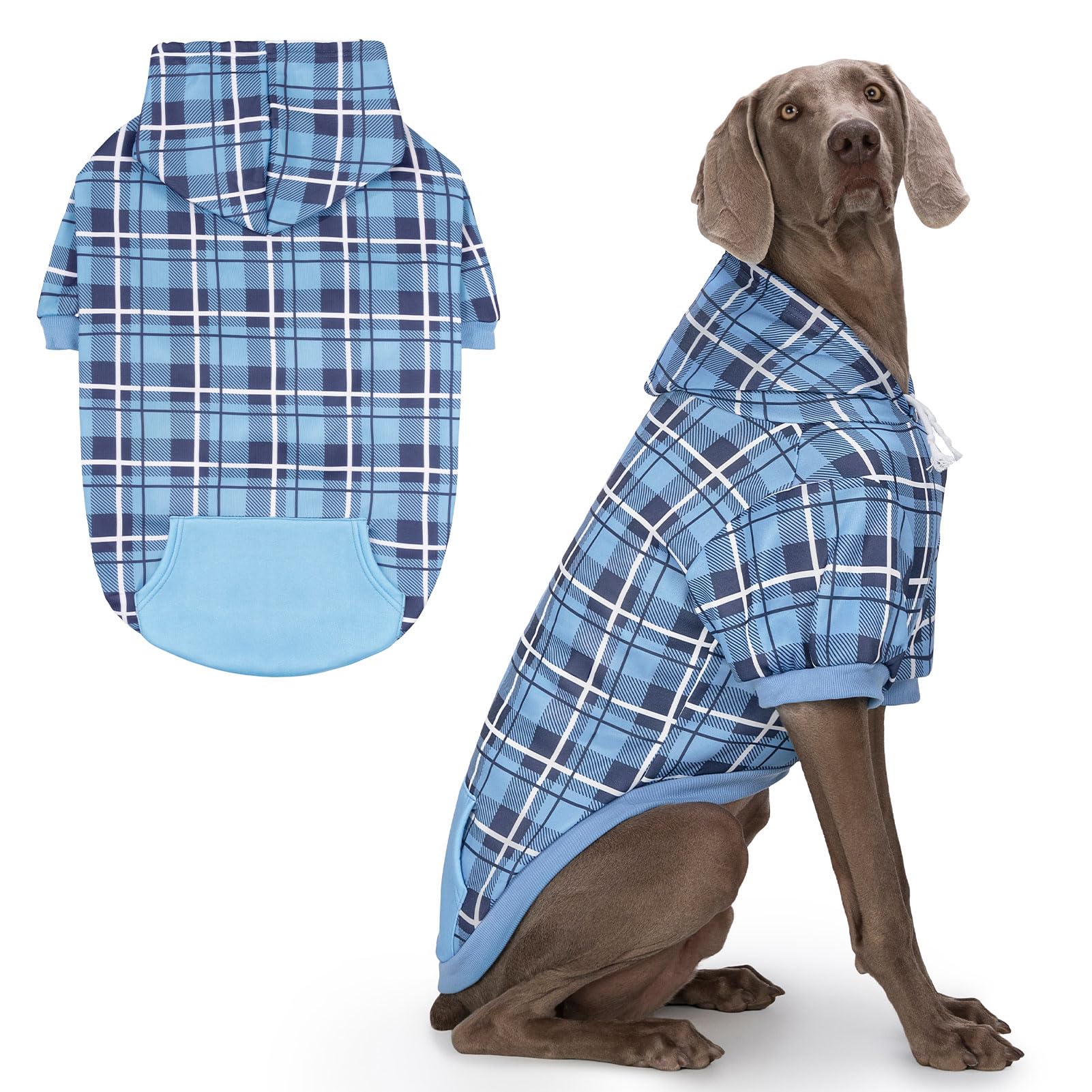 EXPAWLORER Plaid Dog Hoodie British Style - Tartan Pet Clothes Warm Dog Jumper with Lead Hole, Hooded Puppy Sweatshirt Cold Weather Clothing Outfit, Winter Coat for Small Medium Large Dogs, Blue L