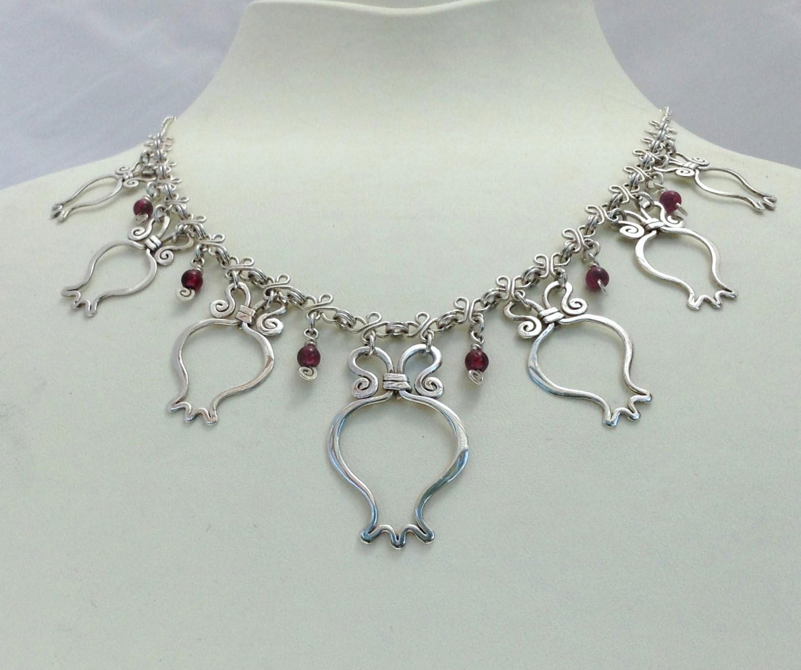 sterling silver Pomegranates necklace, judaica jewelry statement necklace, silver jewish necklace, prosperity and abundance kaballah symbol.