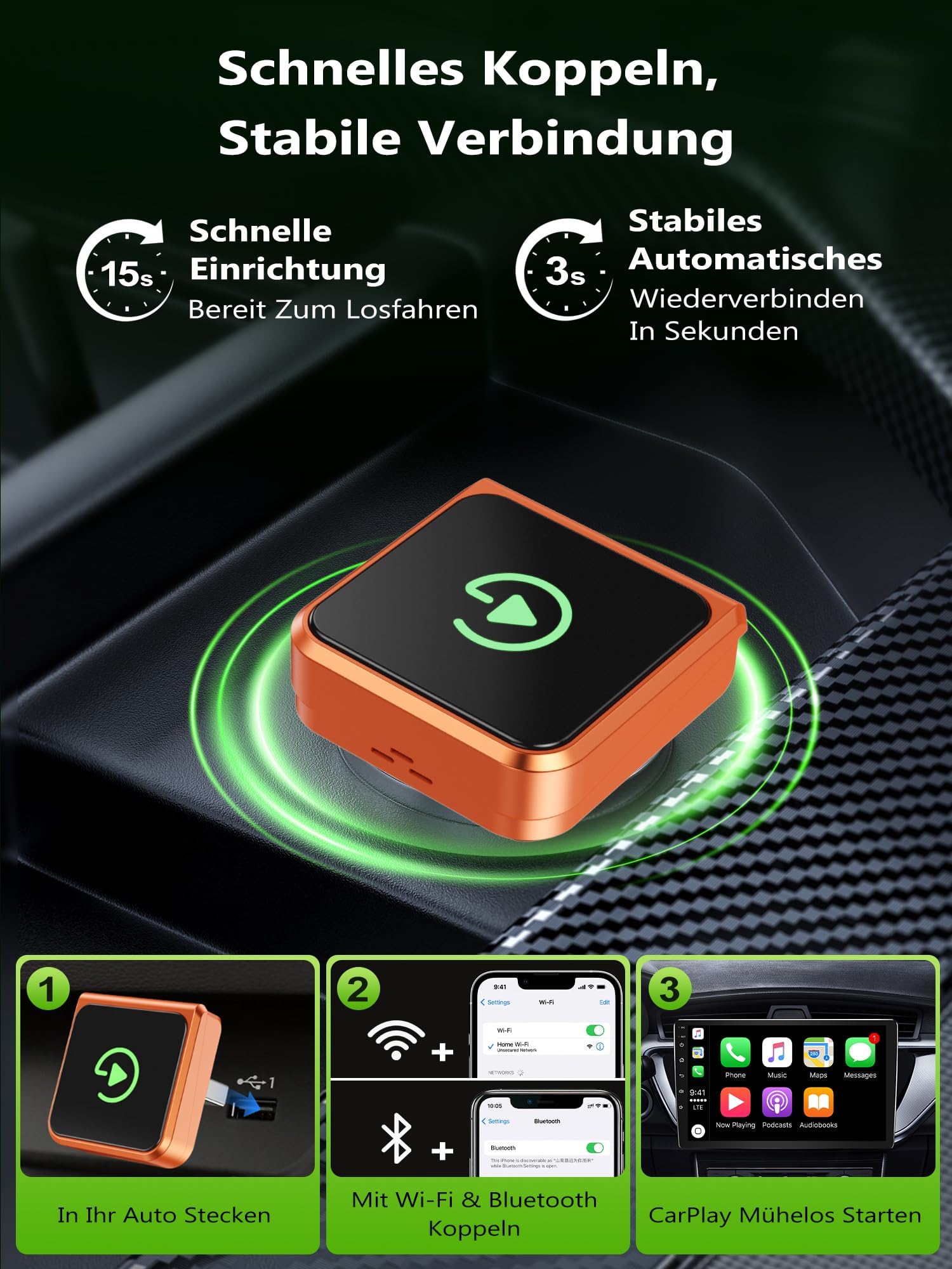Adapter CarPlay bezprzewodowy USB: CarPlay i Android Auto bezprzewodowy, Plug & Play, automatyczne ponowne łączenie, niska latencja, kompatybilny z iPhone iOS 10+ i smartfonami Android, samochody
