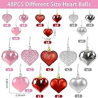 Vista 2 de 48 adornos de corazón para decoraciones del día de San Valentín, 2 tamaños de adornos en forma de corazón para árbol de Navidad de San Valentín