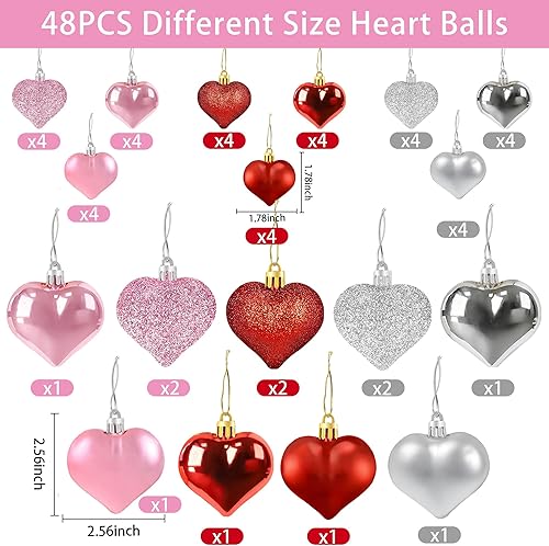 Miniatura 2 de 48 adornos de corazón para decoraciones del día de San Valentín, 2 tamaños de adornos en forma de corazón para árbol de Navidad de San Valentín,