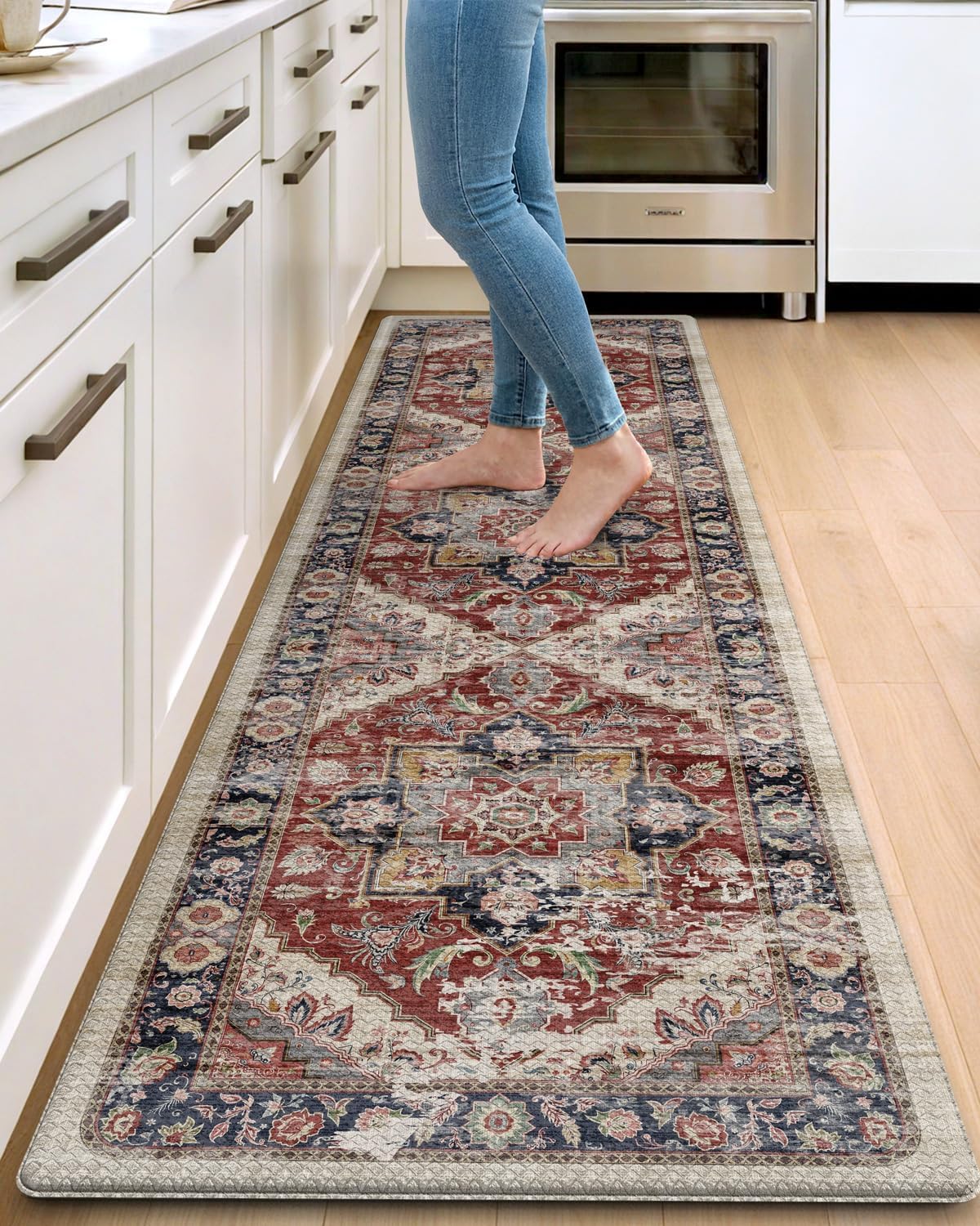 Kitchen Floor Mats Anti Fatigue, 23x86 Large Long Cushioned Vintage Runner Rug Waterproof, Standing Comfort Memory Foam Padded for Front Sink Laundry Office, Beige and Red