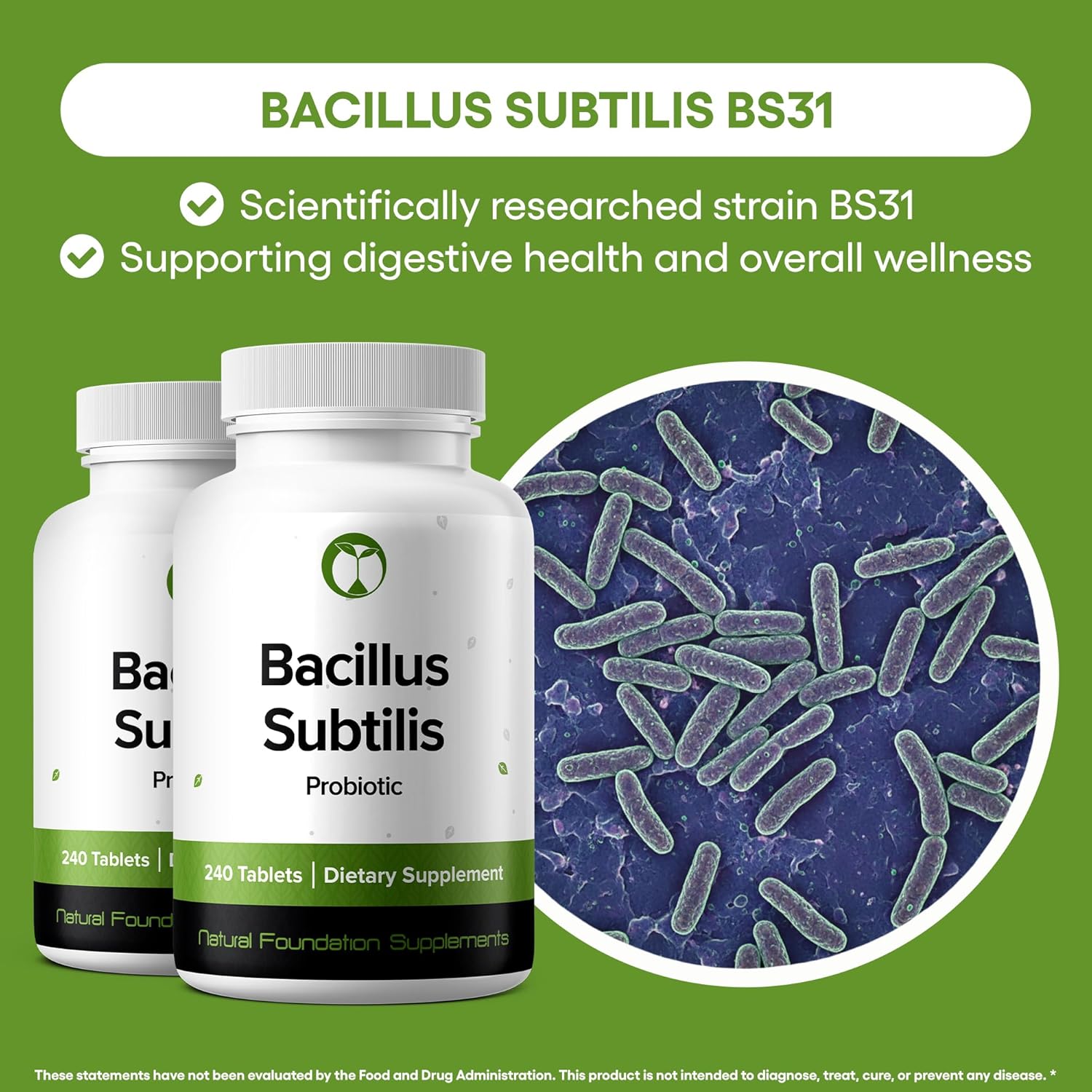 Natural Foundation Supplements Bacillus Subtilis Probiotic Supplement 240 Tablets 3 Billion CFU Probiotics for Men & Women Supports Intestinal Digestive & Gut Health (240, Bacillus Subtilis) - Image 2