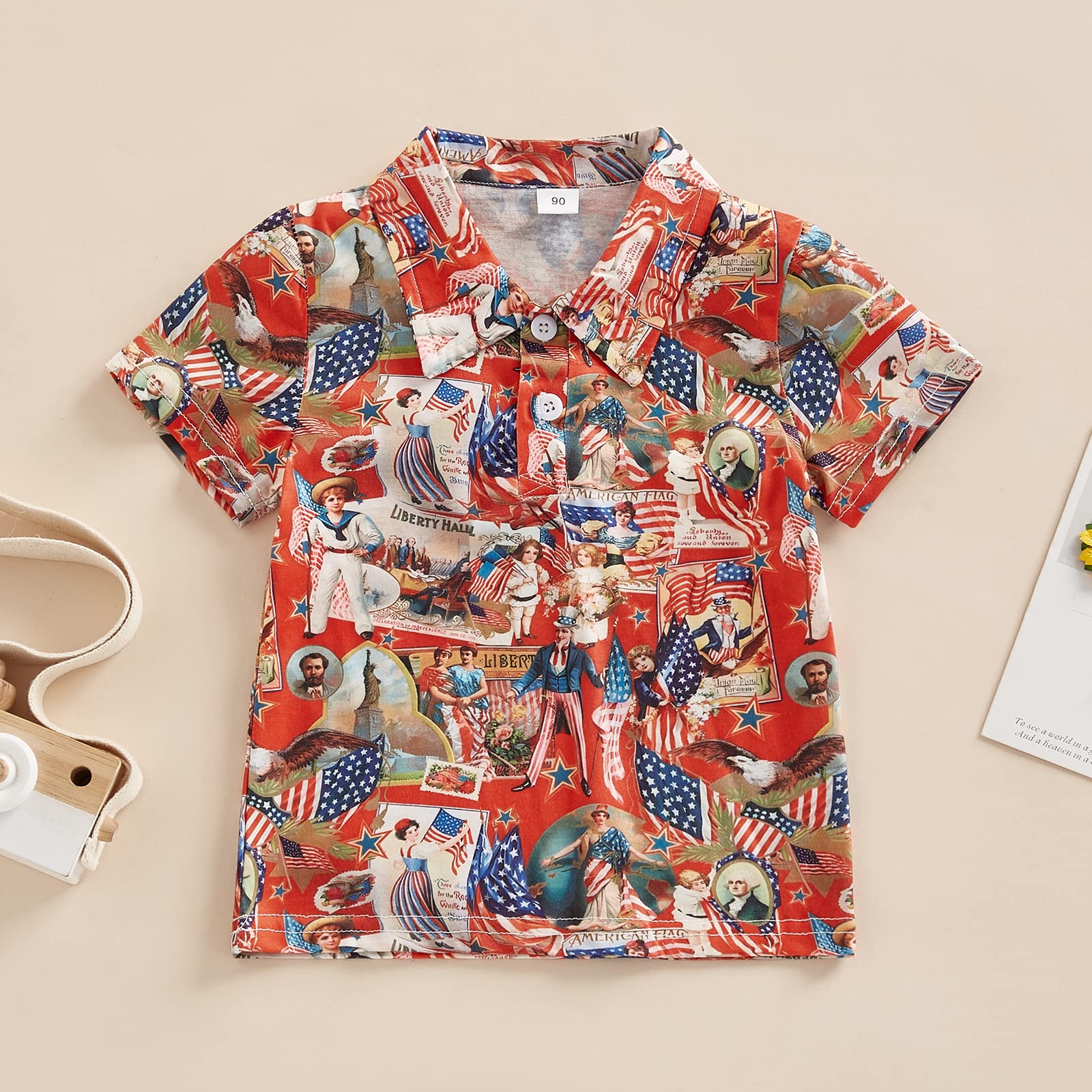 4th of July Baby Boy Outfits American Flag Print Short Sleeve Lapel Shirt Tops Toddler Kids Boys Summer Clothes (Red,5-6 Years)
