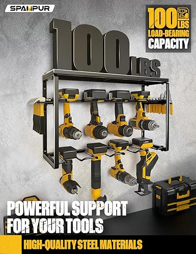 Miniatura 18 de Organizador de herramientas eléctricas, soporte de pared, estante de almacenamiento de 3 capas con 4 soportes para taladro, estante