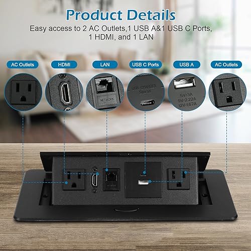 Miniatura 3 de Toma de corriente oculta con puerto USB C de 20 W, caja emergente eléctrica empotrada multimedia con 2 salidas de CA, puertos USB A y USB C con