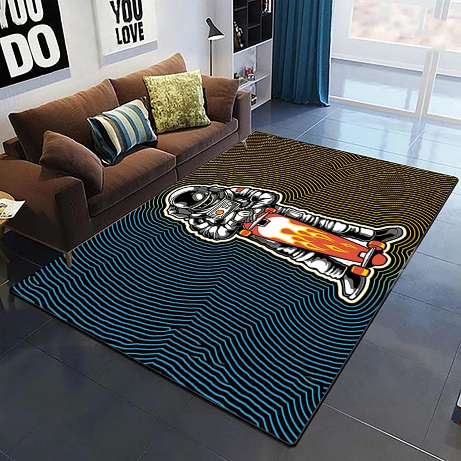 Tapis astronaute 160x230 poils courts anti-poussière tapis de salon 3D doux