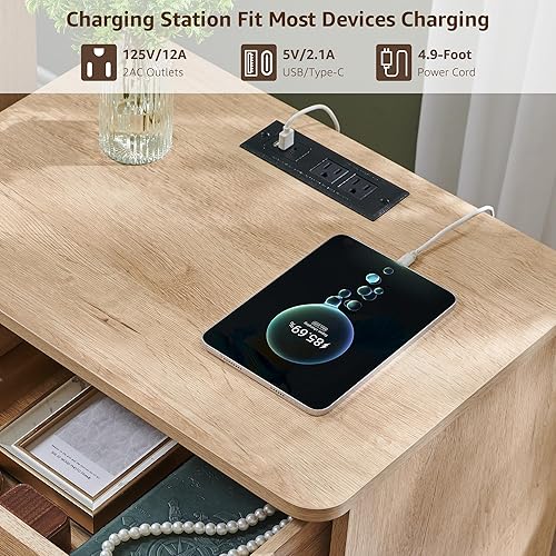 Miniatura 4 de ACCOHOHO Moderna mesita de noche con estación de carga, mesita de noche de 22 pulgadas de ancho con cajón de almacenamiento y estante abierto,