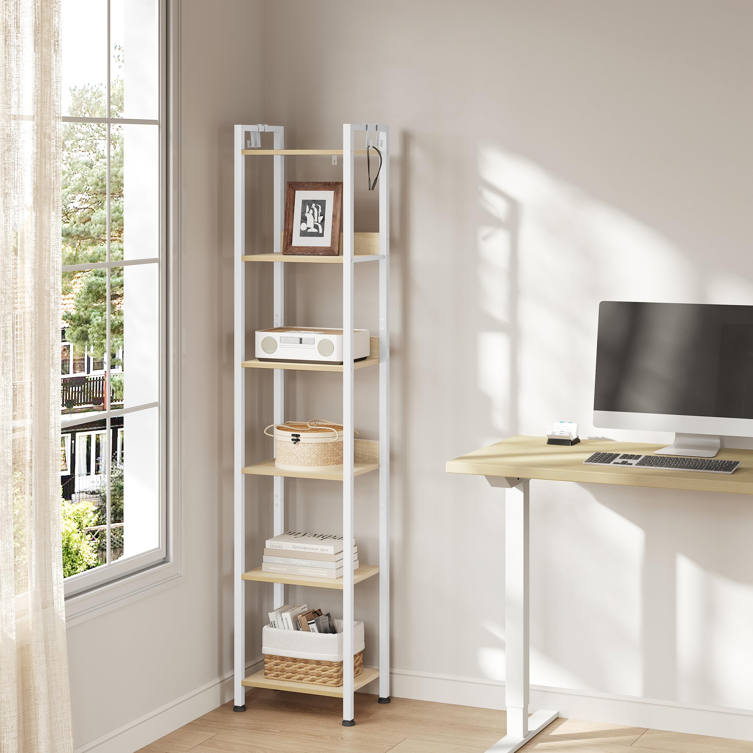 WOLTU Escalera Estantería de Almacenaje, Librería | de Madera y Metal con 4 Ganchos Extraíbles, de 6 Niveles, para Salón, de Estilo Industrial, Blanca, 40x30x187 cm