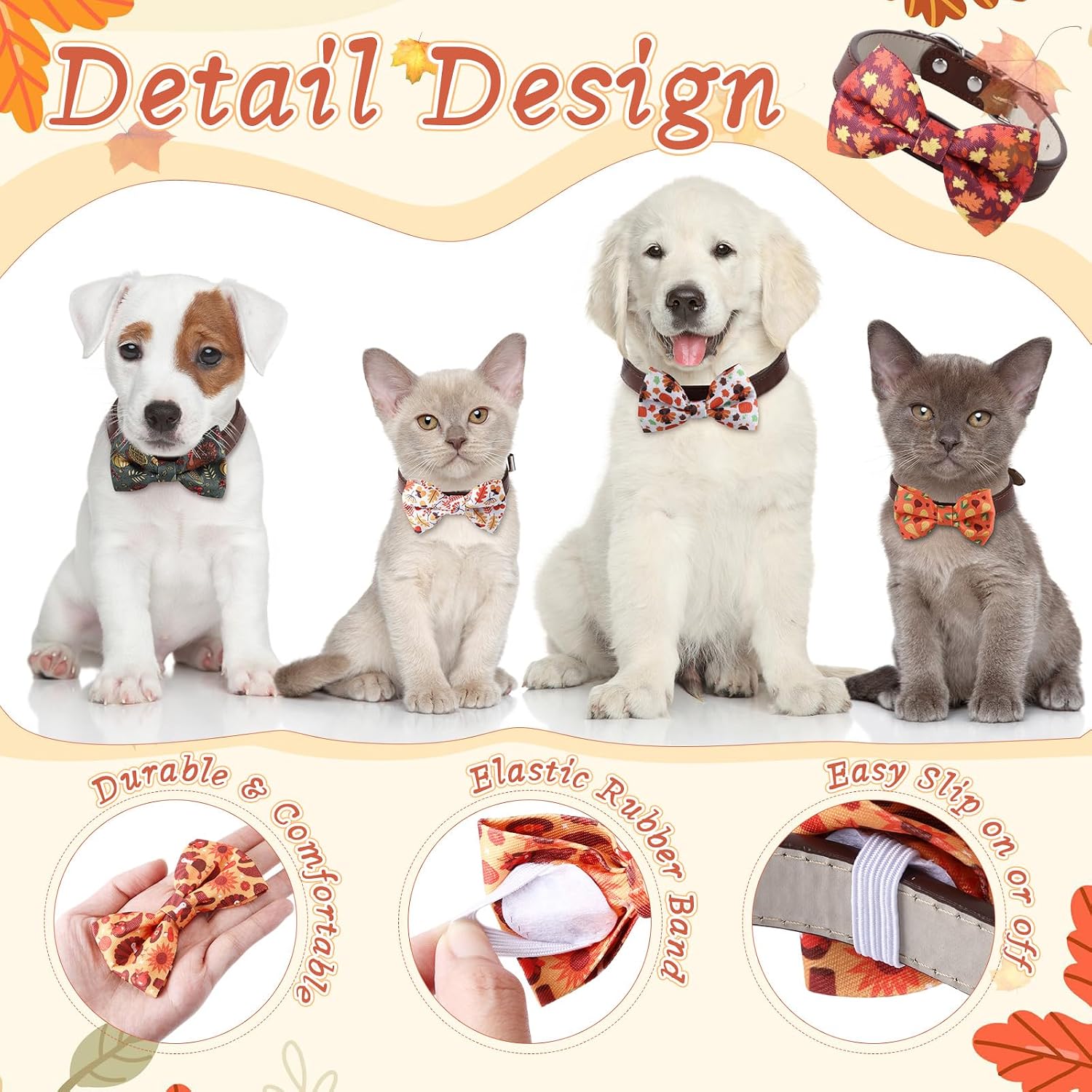 Reginary 50 Pieces Dog Bow Ties Pet Collar Bow Puppy Collar Attachment with Rubber Bands for Small Medium Cat Pet Grooming Charms Accessories Wedding Birthday Occasion(Autumn Style)